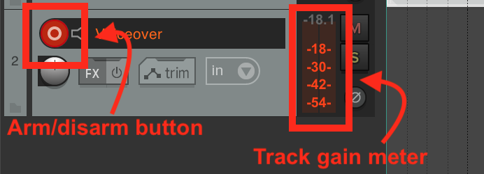 A screenshot of the Track Control Panel highlighting the Arm/disarm button and the Track gain meter.